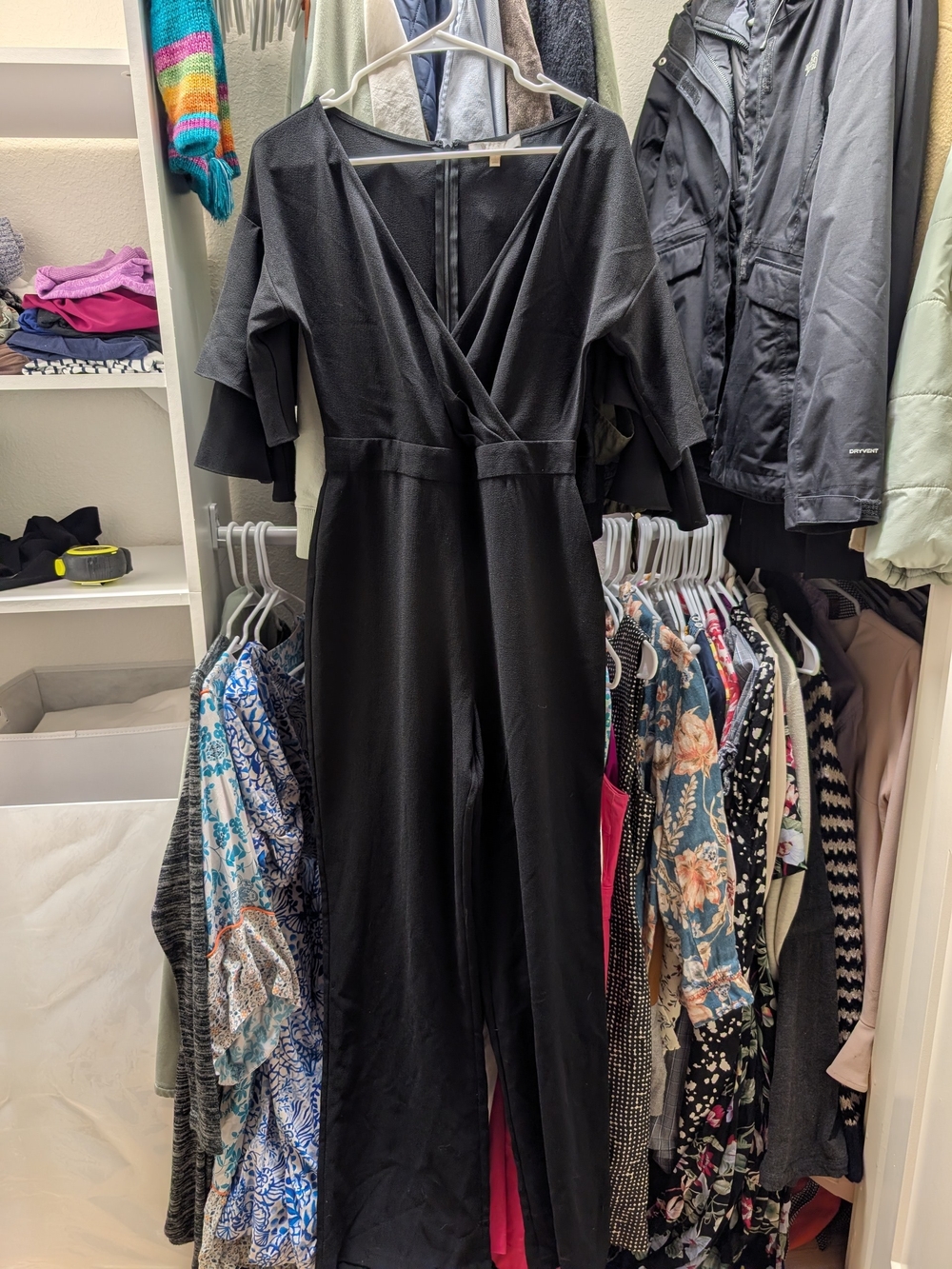Wayf Black Ruffle-Sleeve Midi Jumpsuit Size S